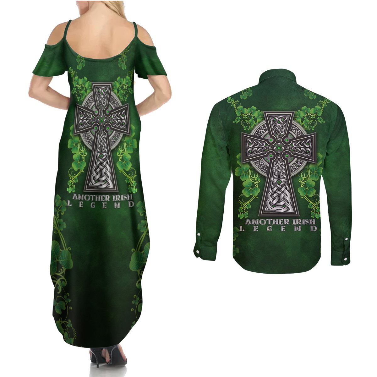 Irish Cross Mix With Shamrock Floral Couples Matching Summer Maxi Dress and Long Sleeve Button Shirt - Wonder Print Shop