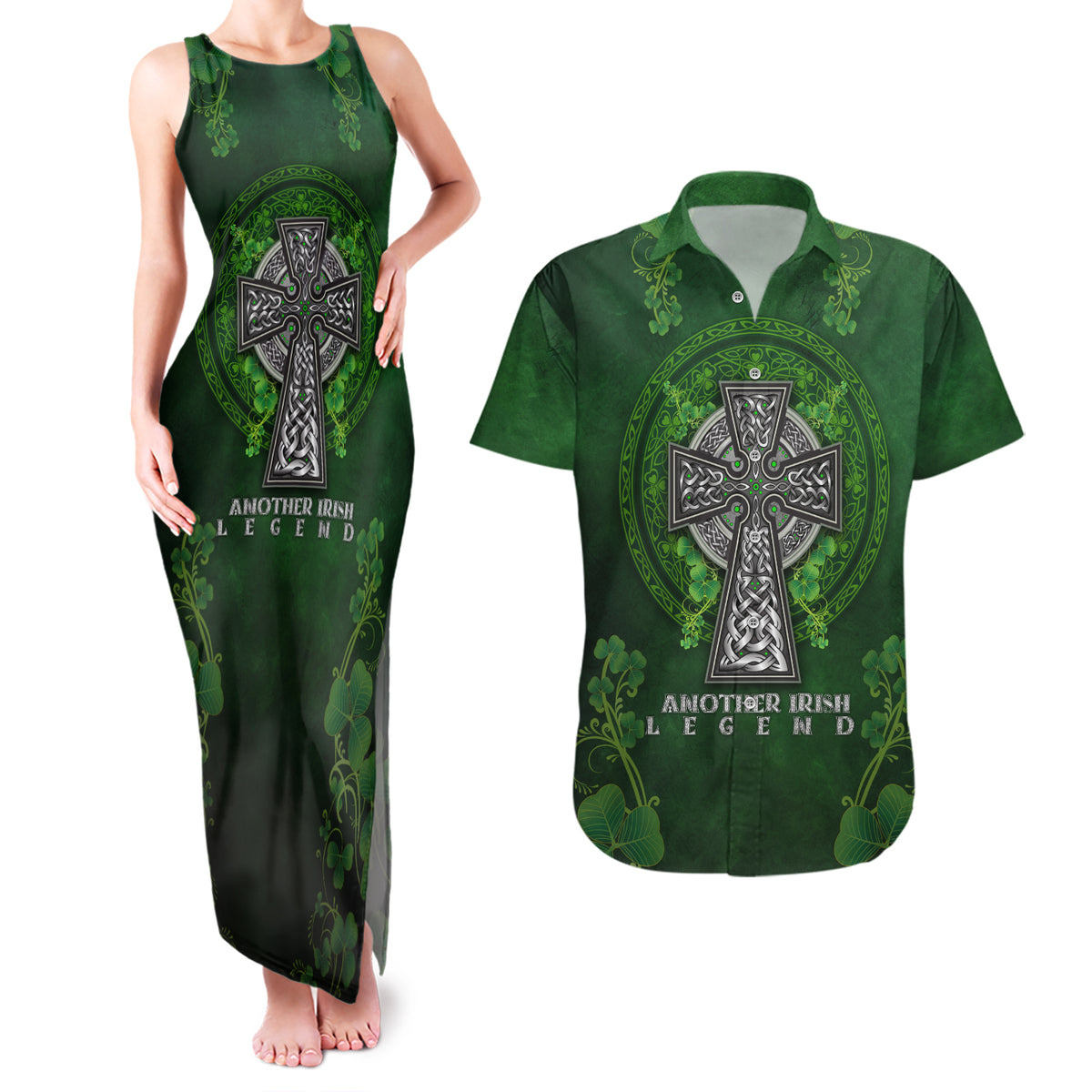 Irish Cross Mix With Shamrock Floral Couples Matching Tank Maxi Dress and Hawaiian Shirt - Wonder Print Shop