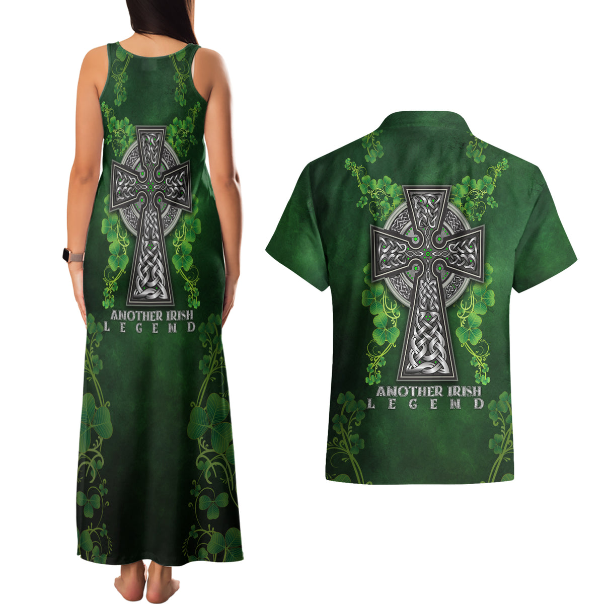 Irish Cross Mix With Shamrock Floral Couples Matching Tank Maxi Dress and Hawaiian Shirt - Wonder Print Shop