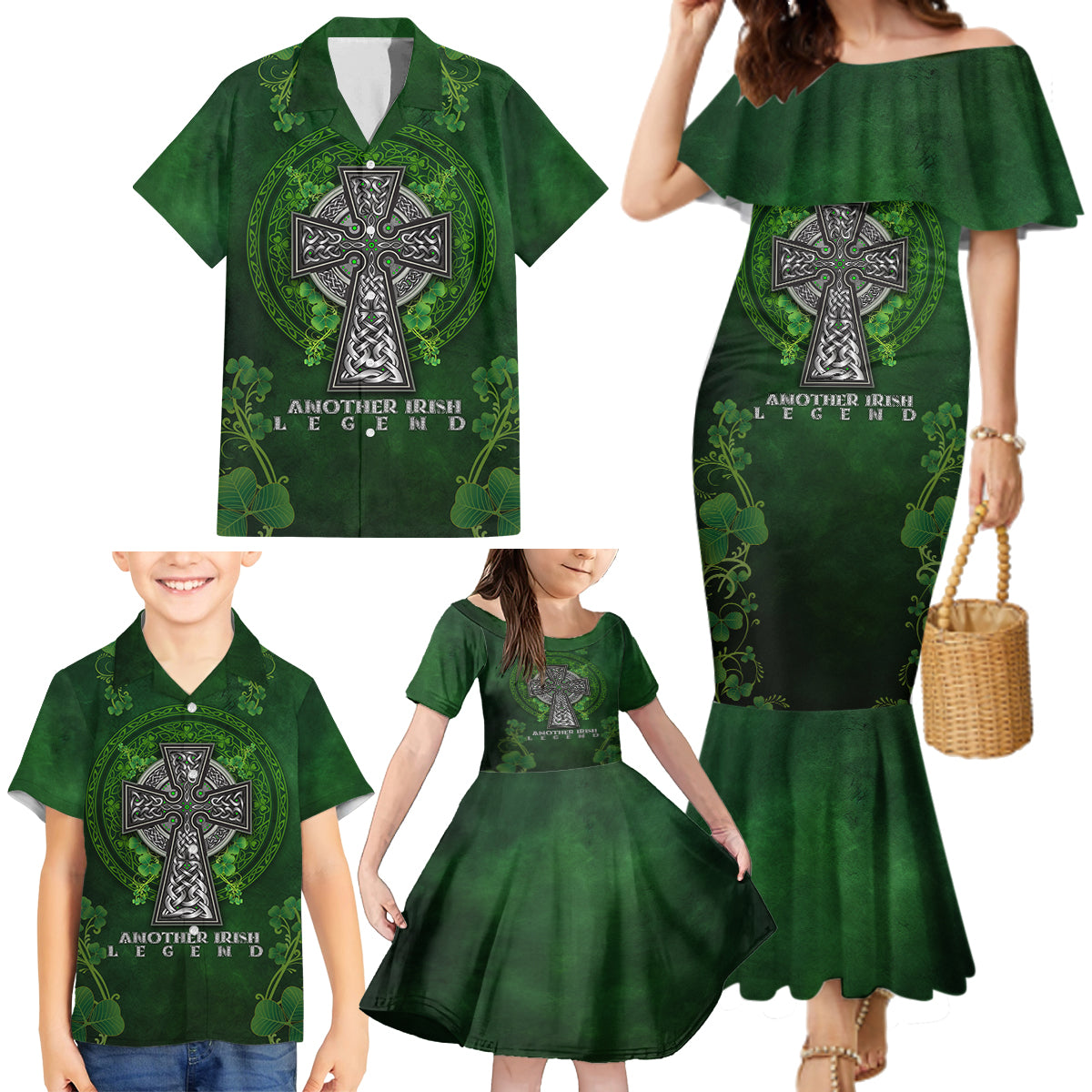 Irish Cross Mix With Shamrock Floral Family Matching Mermaid Dress and Hawaiian Shirt - Wonder Print Shop