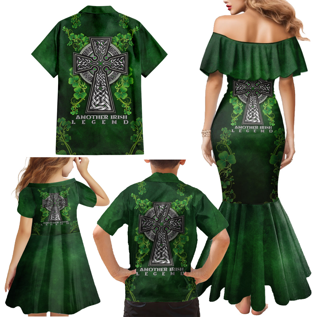 Irish Cross Mix With Shamrock Floral Family Matching Mermaid Dress and Hawaiian Shirt - Wonder Print Shop