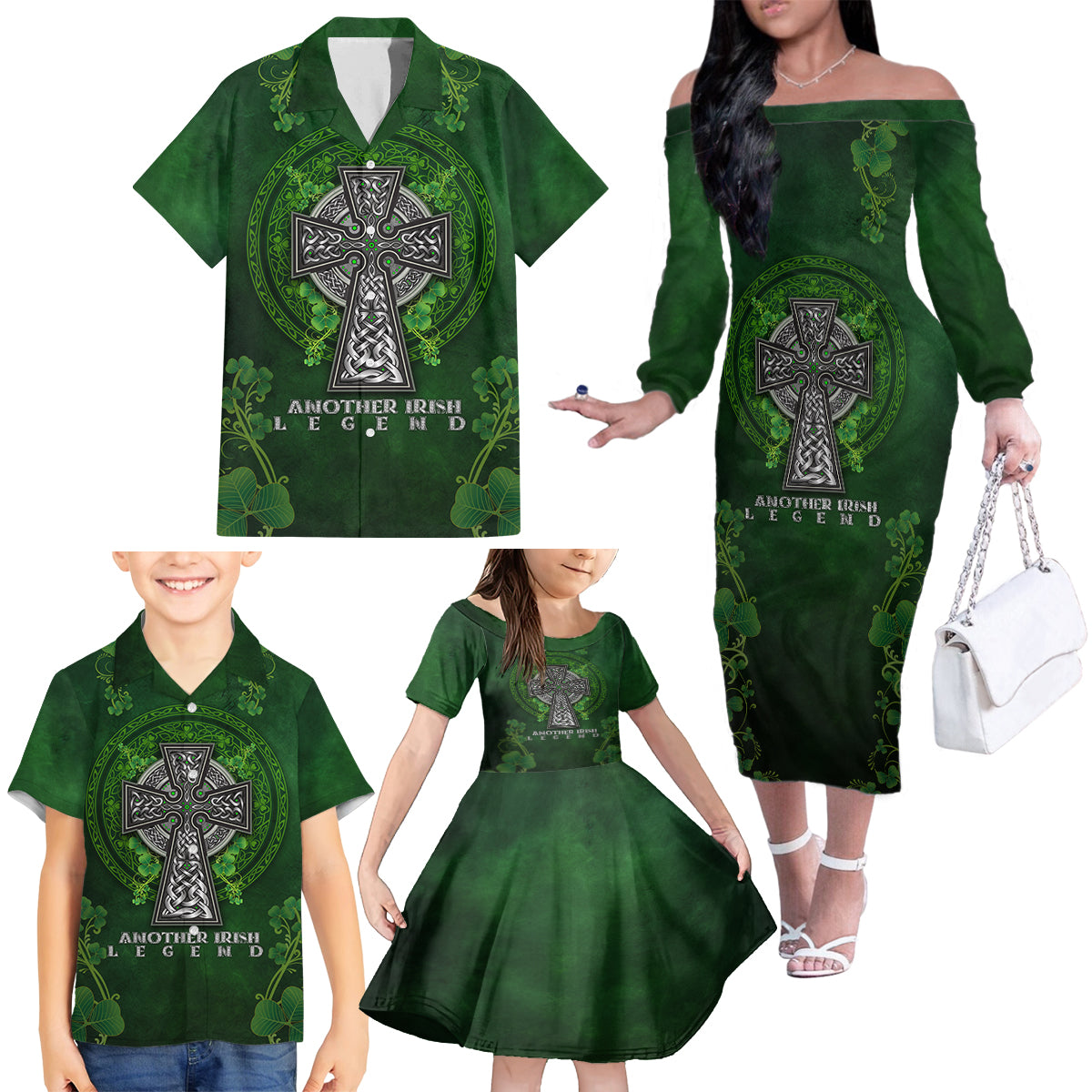 Irish Cross Mix With Shamrock Floral Family Matching Off Shoulder Long Sleeve Dress and Hawaiian Shirt - Wonder Print Shop