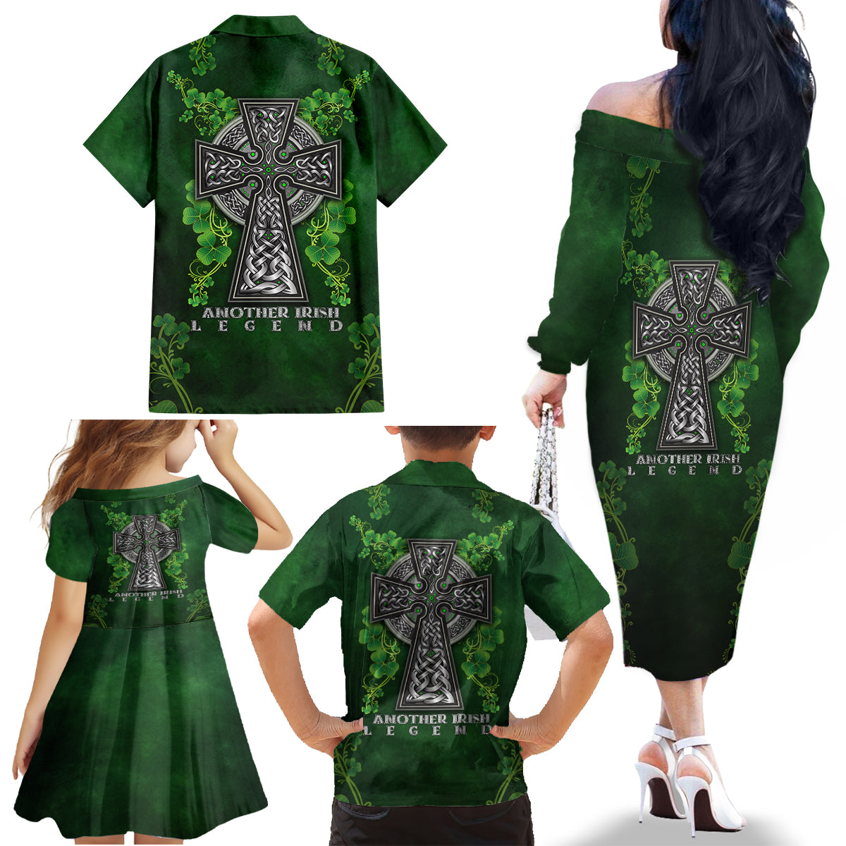 Irish Cross Mix With Shamrock Floral Family Matching Off Shoulder Long Sleeve Dress and Hawaiian Shirt - Wonder Print Shop