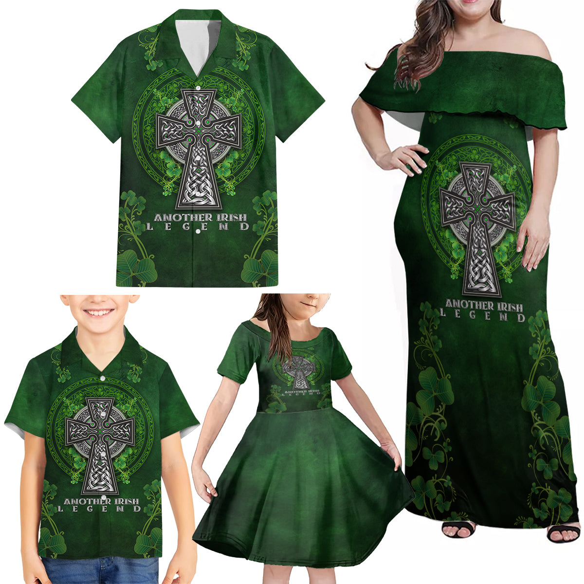 Irish Cross Mix With Shamrock Floral Family Matching Off Shoulder Maxi Dress and Hawaiian Shirt - Wonder Print Shop
