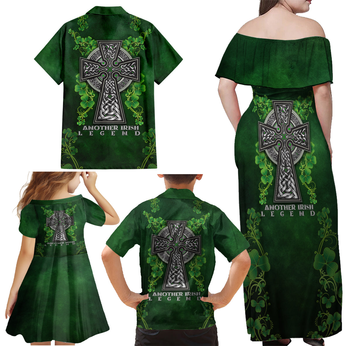 Irish Cross Mix With Shamrock Floral Family Matching Off Shoulder Maxi Dress and Hawaiian Shirt - Wonder Print Shop