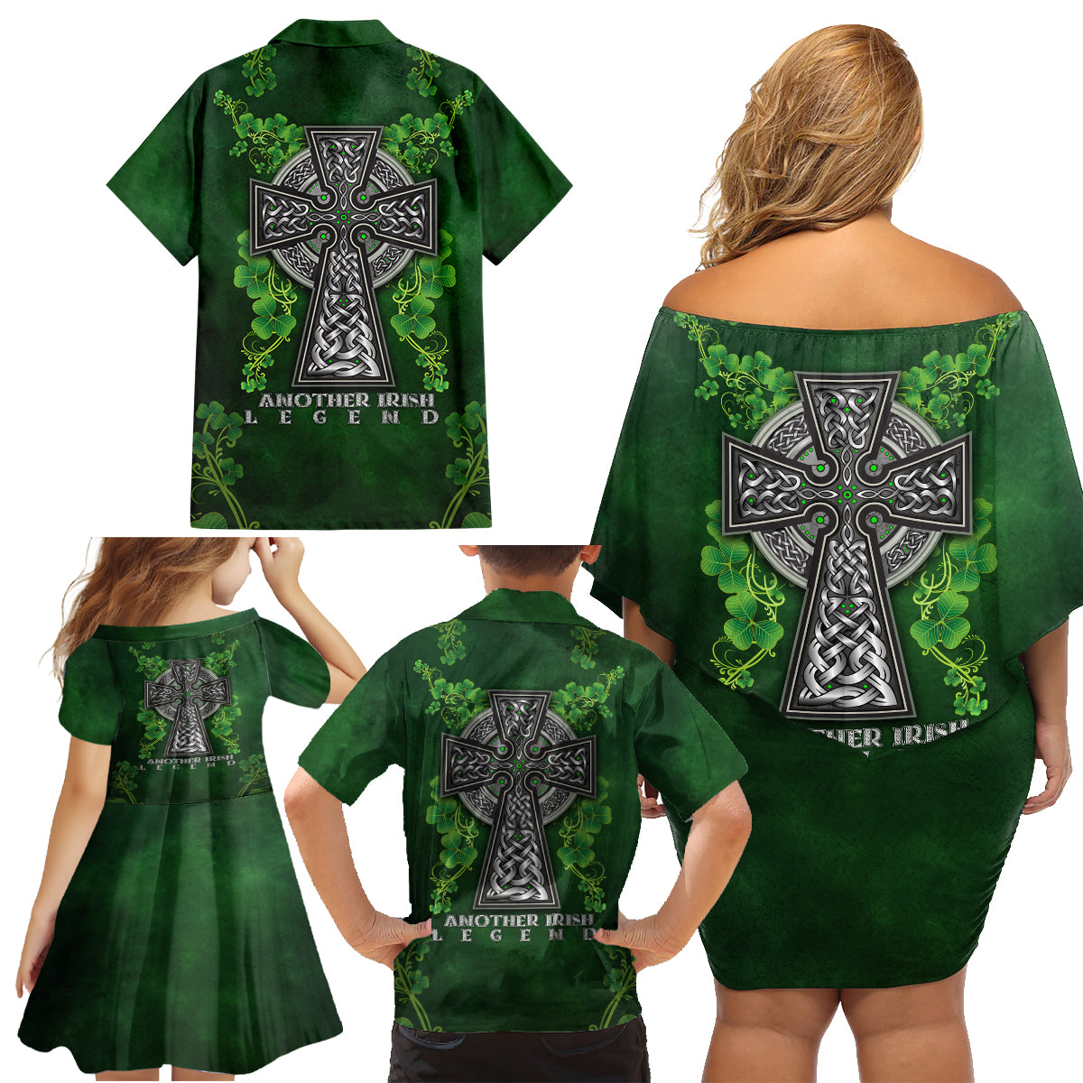 Irish Cross Mix With Shamrock Floral Family Matching Off Shoulder Short Dress and Hawaiian Shirt - Wonder Print Shop
