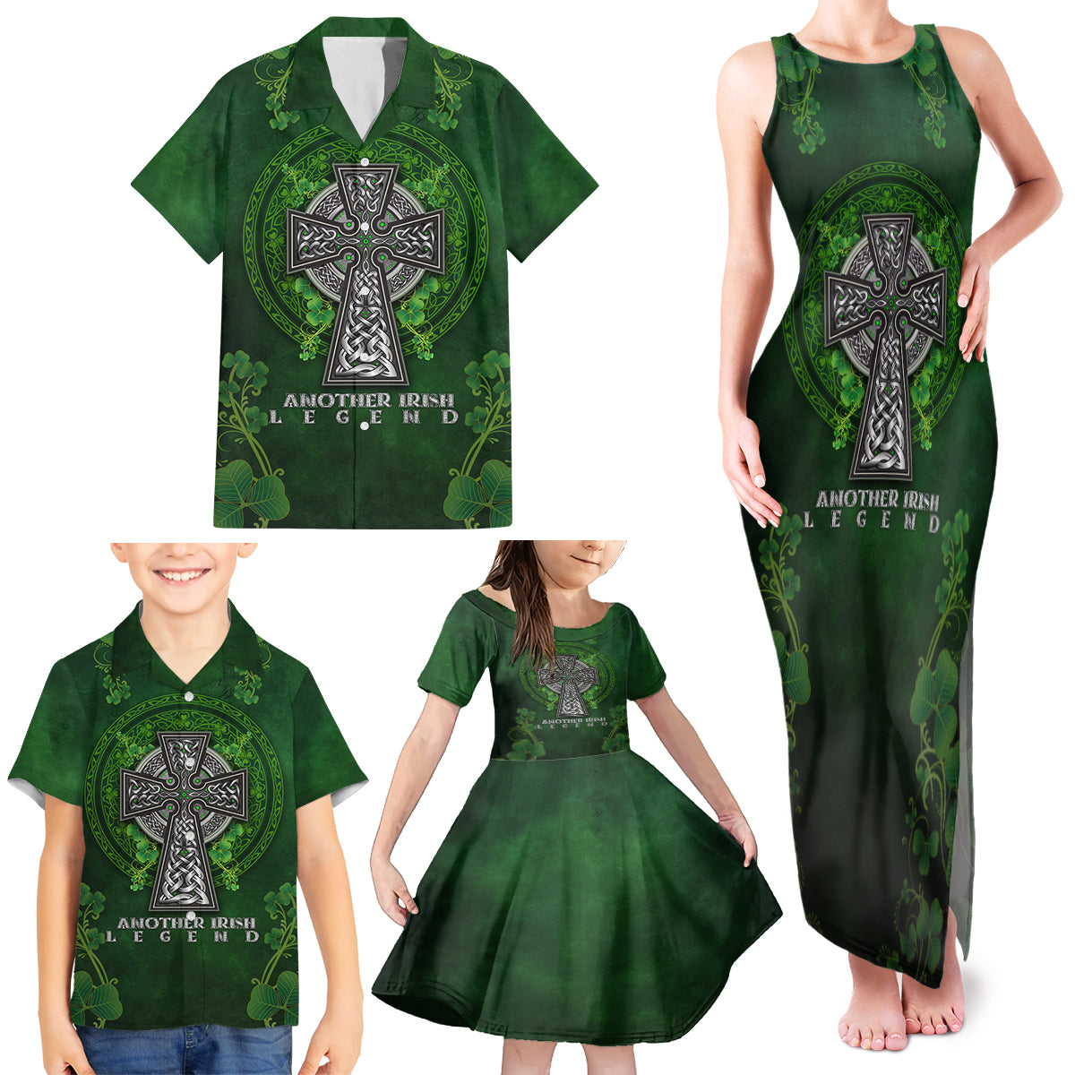 Irish Cross Mix With Shamrock Floral Family Matching Tank Maxi Dress and Hawaiian Shirt - Wonder Print Shop