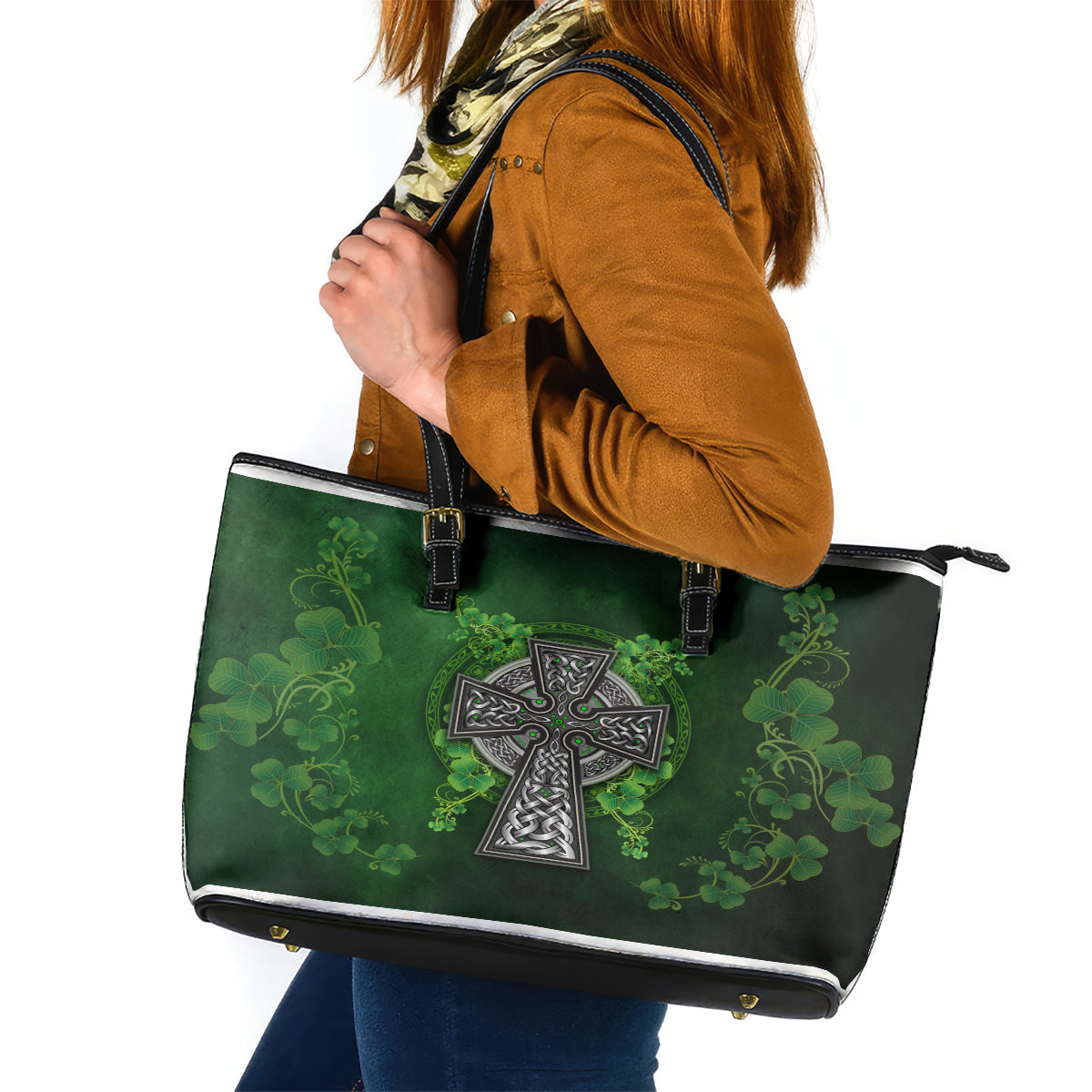 Irish Cross Mix With Shamrock Floral Leather Tote Bag - Wonder Print Shop