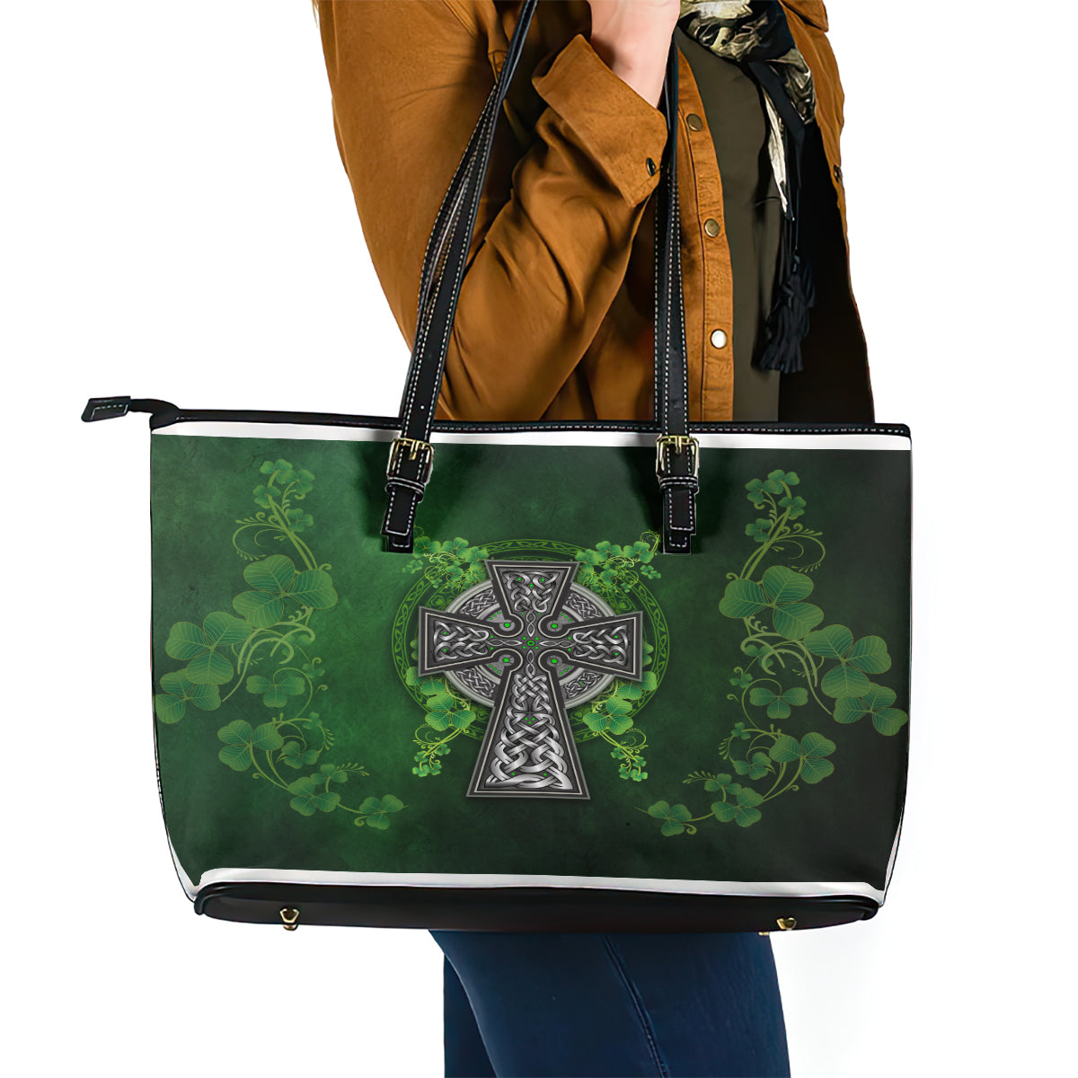 Irish Cross Mix With Shamrock Floral Leather Tote Bag - Wonder Print Shop