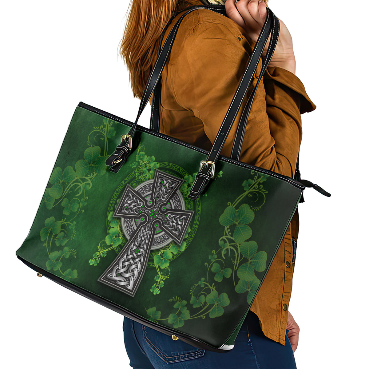 Irish Cross Mix With Shamrock Floral Leather Tote Bag - Wonder Print Shop