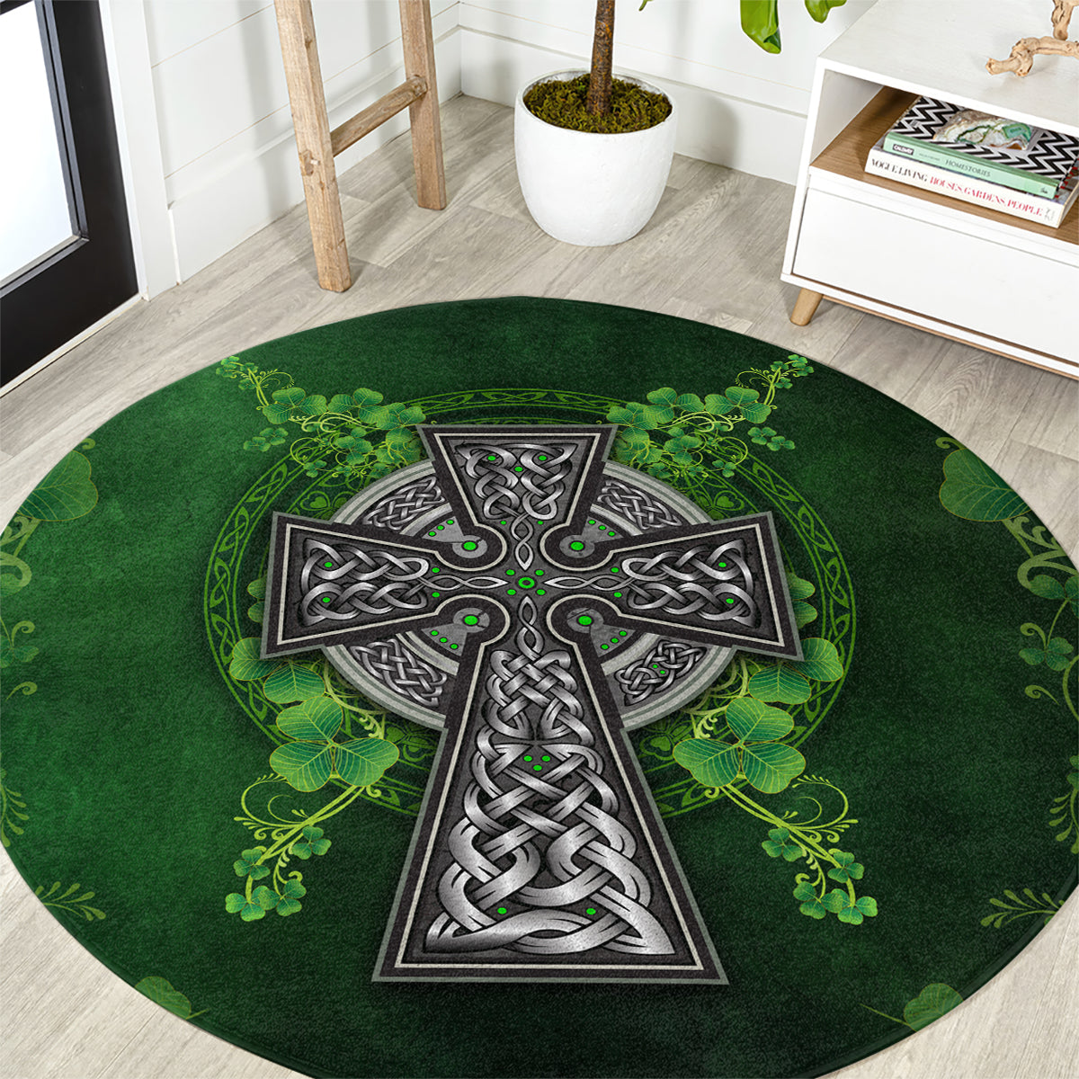 Irish Cross Mix With Shamrock Floral Round Carpet