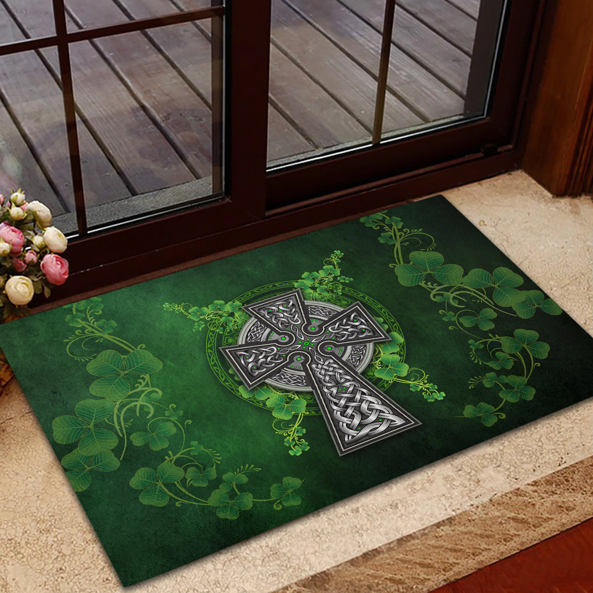 Irish Cross Mix With Shamrock Floral Rubber Doormat - Wonder Print Shop