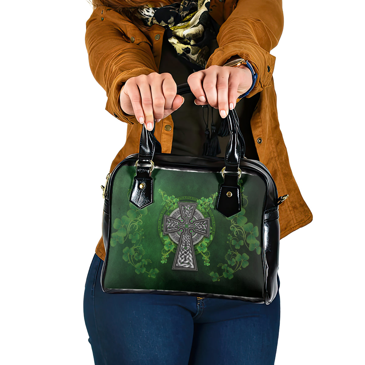 Irish Cross Mix With Shamrock Floral Shoulder Handbag