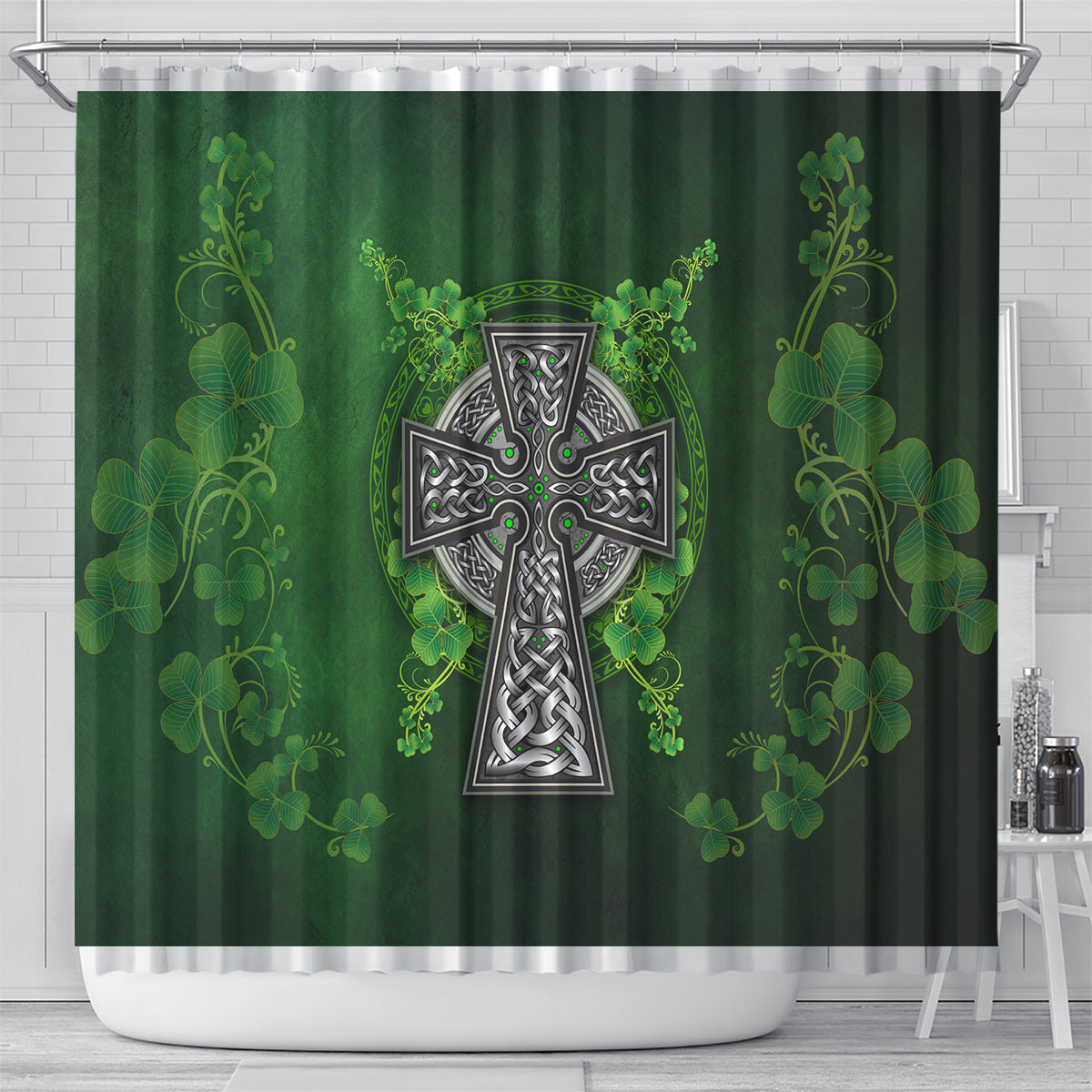 Irish Cross Mix With Shamrock Floral Shower Curtain
