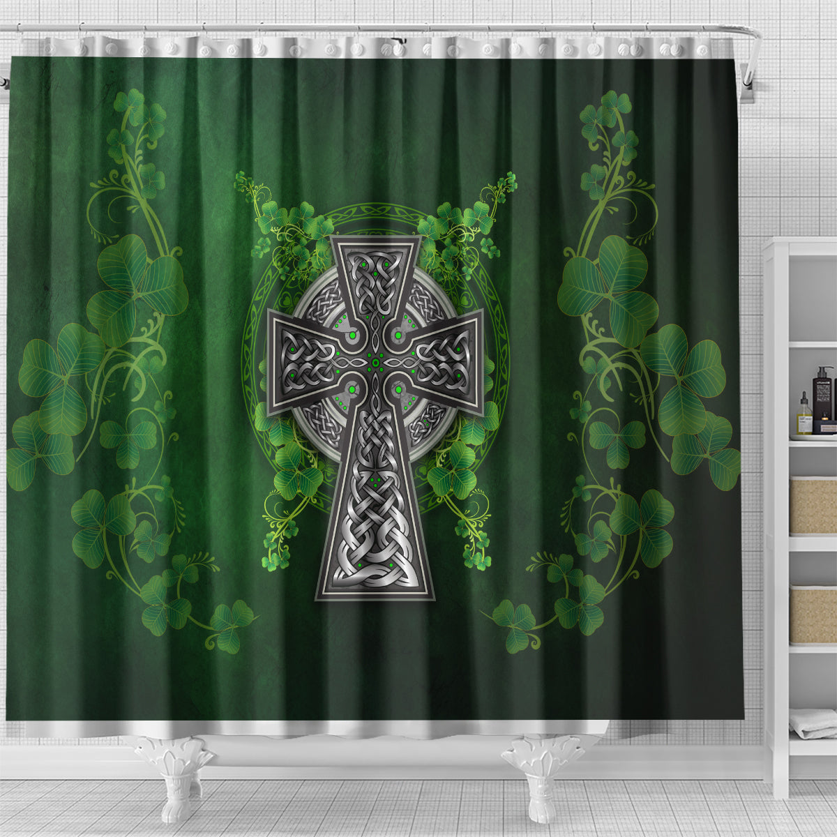 Irish Cross Mix With Shamrock Floral Shower Curtain