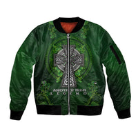 Irish Cross Mix With Shamrock Floral Sleeve Zip Bomber Jacket - Wonder Print Shop