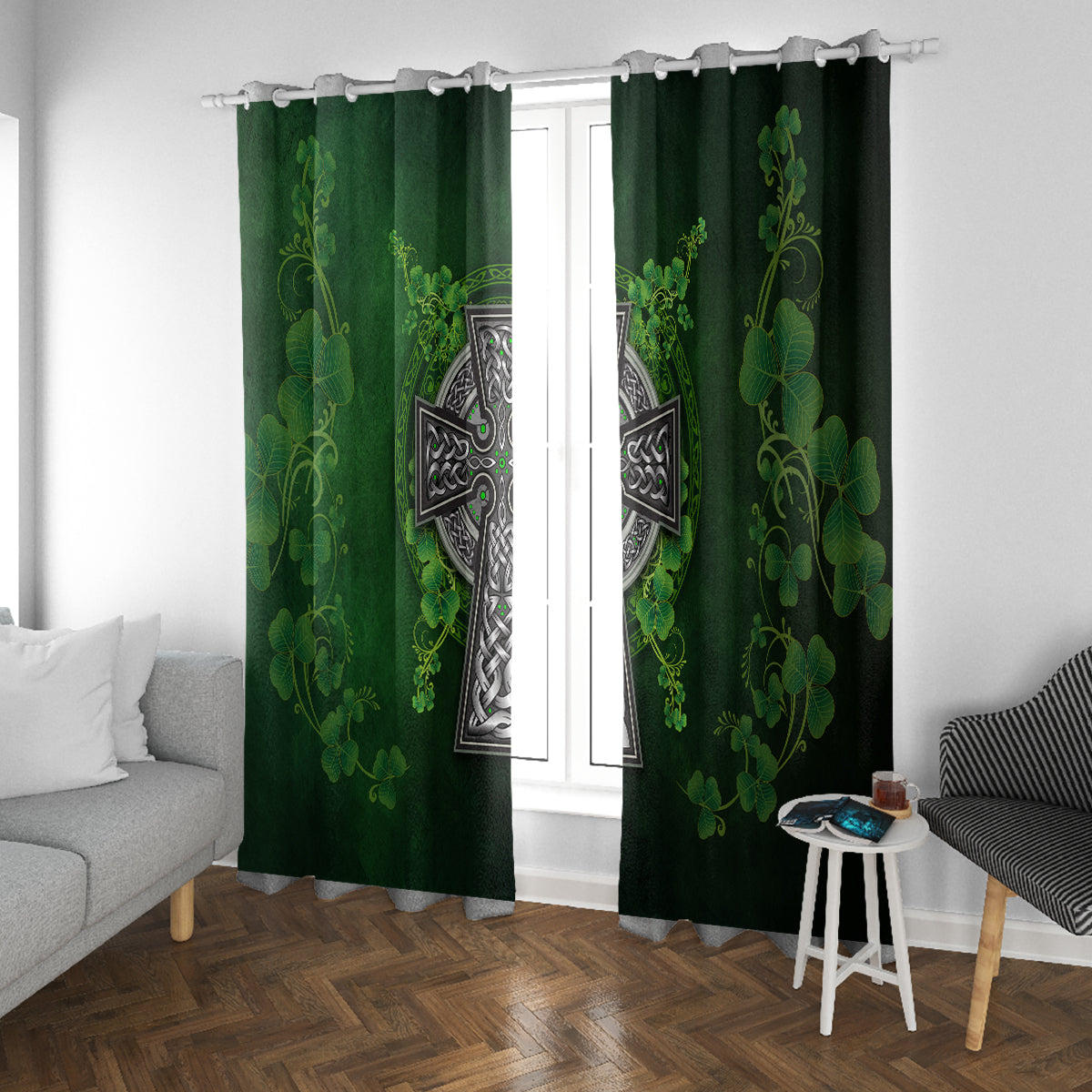 Irish Cross Mix With Shamrock Floral Window Curtain - Wonder Print Shop