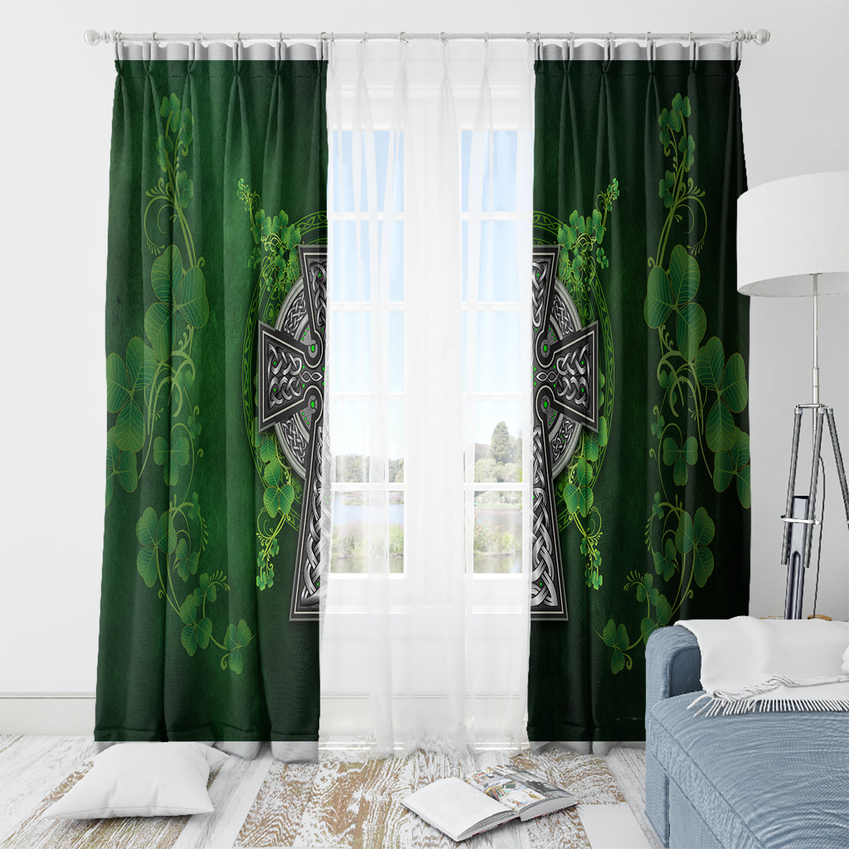 Irish Cross Mix With Shamrock Floral Window Curtain - Wonder Print Shop