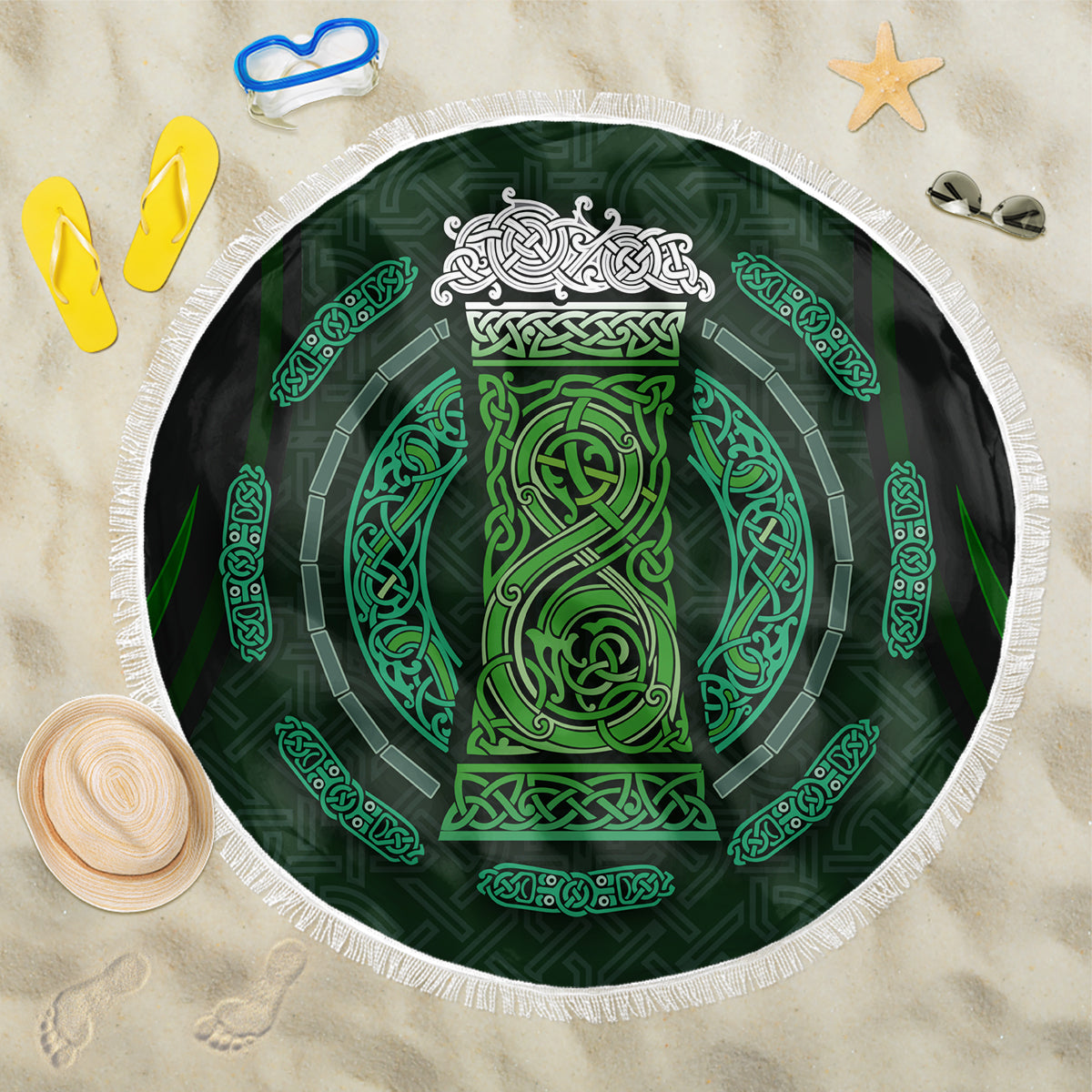 Beer Cup Pattern And Celtic Circle Green Beach Blanket - Wonder Print Shop