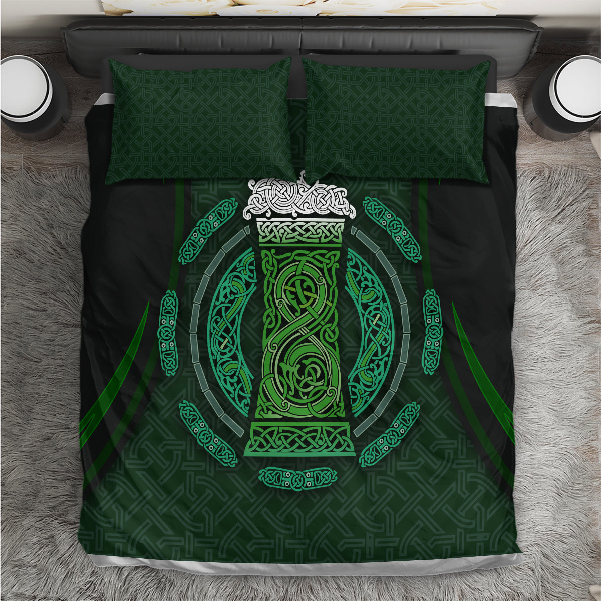 Beer Cup Pattern And Celtic Circle Green Bedding Set