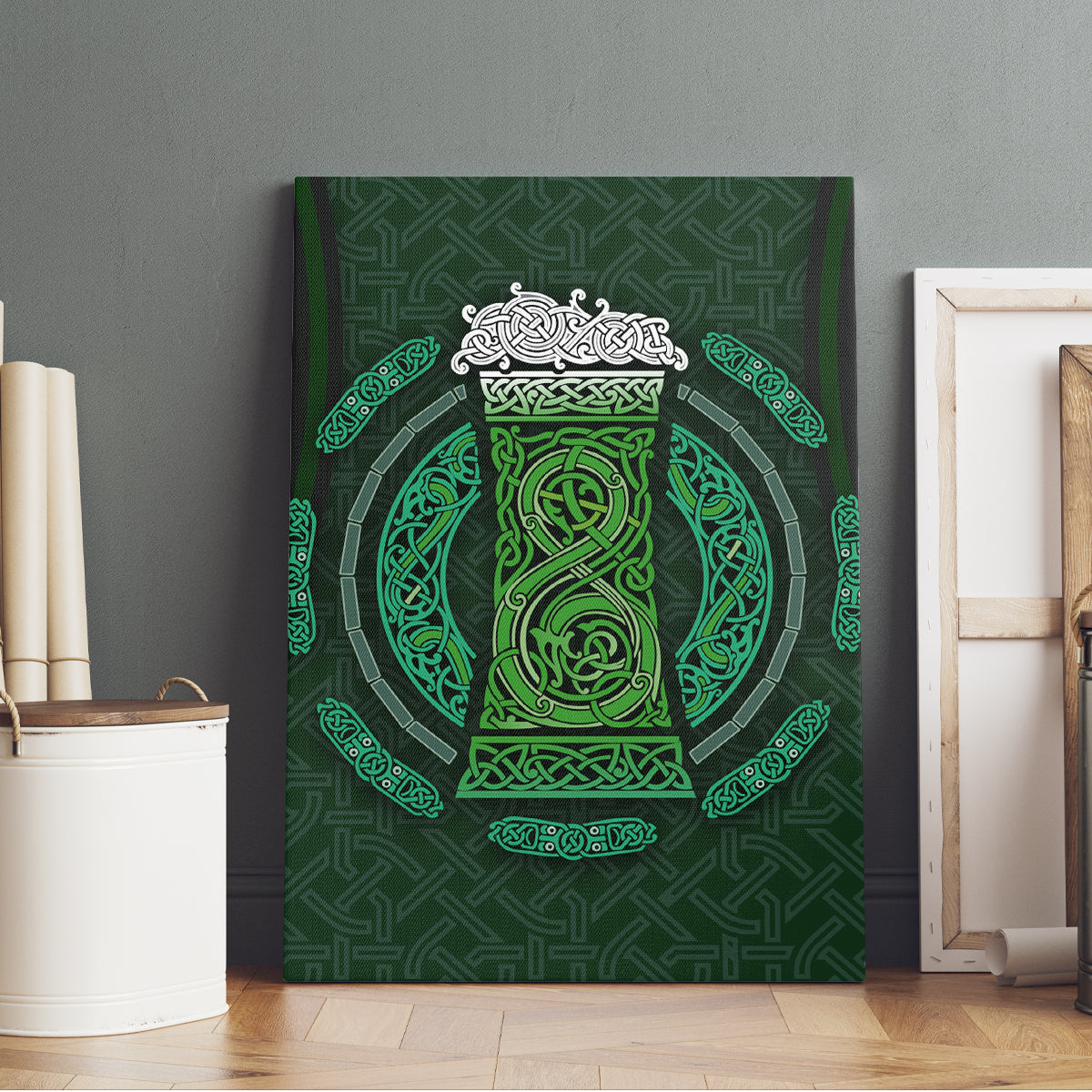 Beer Cup Pattern And Celtic Circle Green Canvas Wall Art - Wonder Print Shop