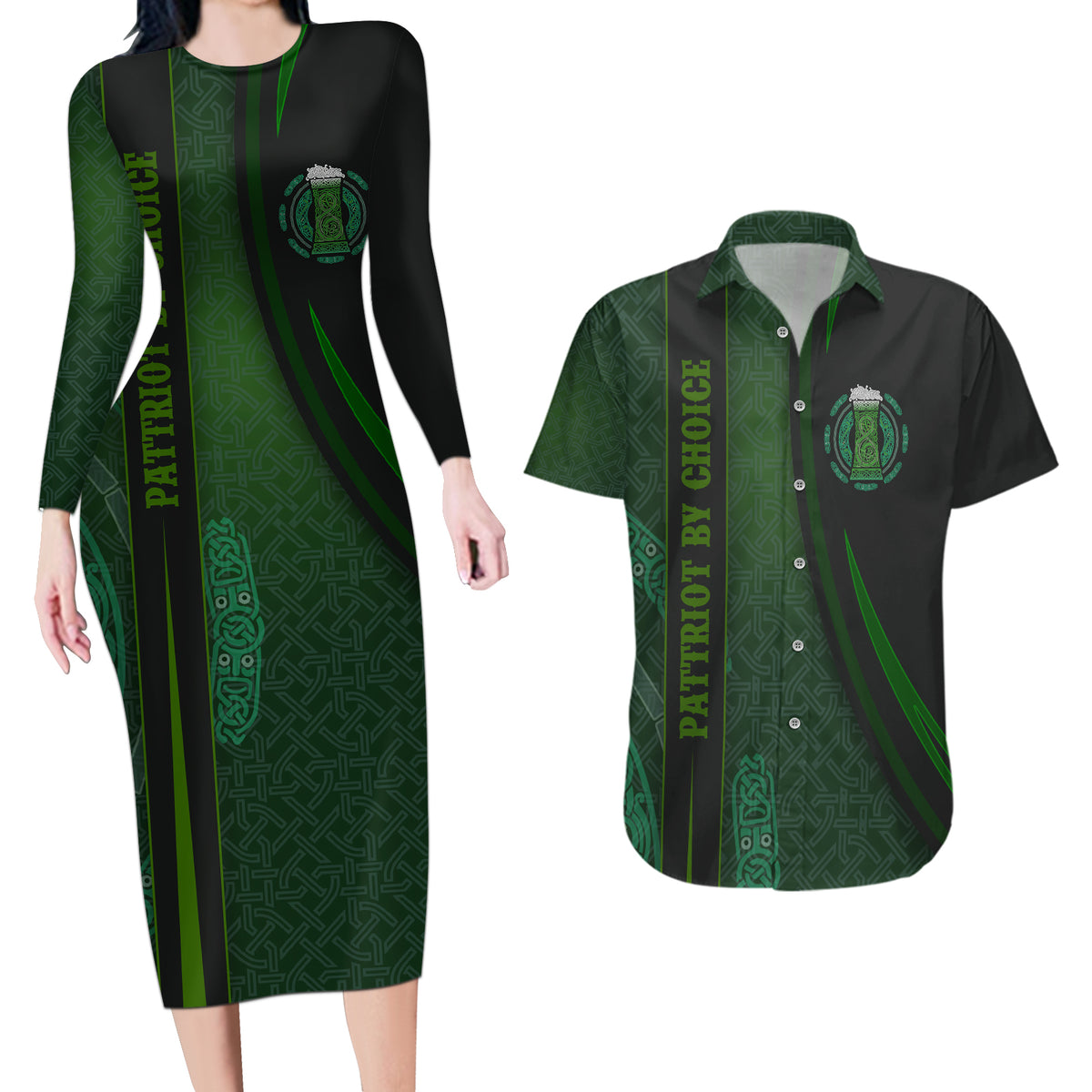 Beer Cup Pattern And Celtic Circle Green Couples Matching Long Sleeve Bodycon Dress and Hawaiian Shirt - Wonder Print Shop
