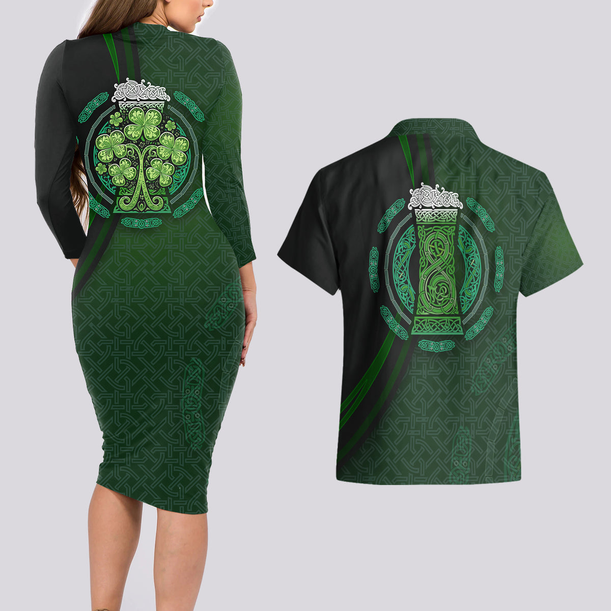 Beer Cup Pattern And Celtic Circle Green Couples Matching Long Sleeve Bodycon Dress and Hawaiian Shirt - Wonder Print Shop
