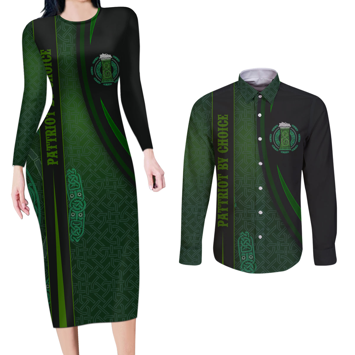 Beer Cup Pattern And Celtic Circle Green Couples Matching Long Sleeve Bodycon Dress and Long Sleeve Button Shirt - Wonder Print Shop