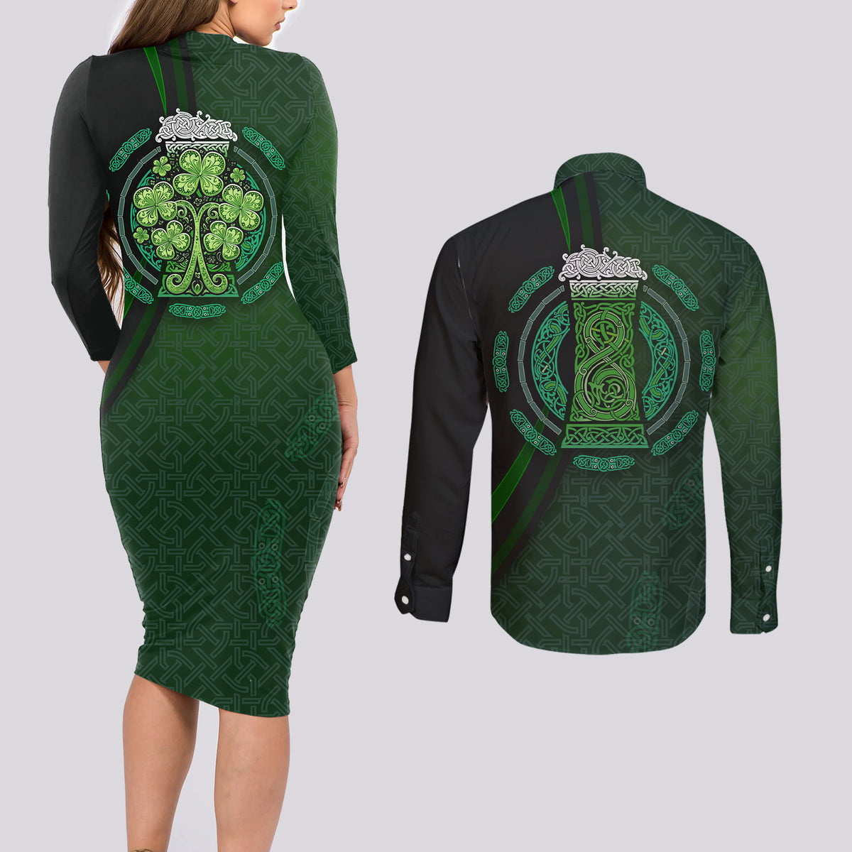 Beer Cup Pattern And Celtic Circle Green Couples Matching Long Sleeve Bodycon Dress and Long Sleeve Button Shirt - Wonder Print Shop