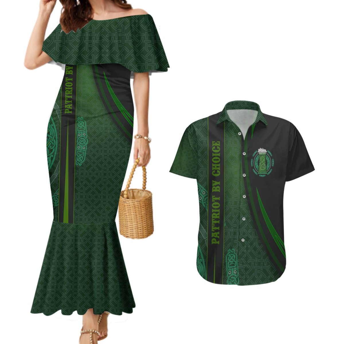 Beer Cup Pattern And Celtic Circle Green Couples Matching Mermaid Dress and Hawaiian Shirt - Wonder Print Shop