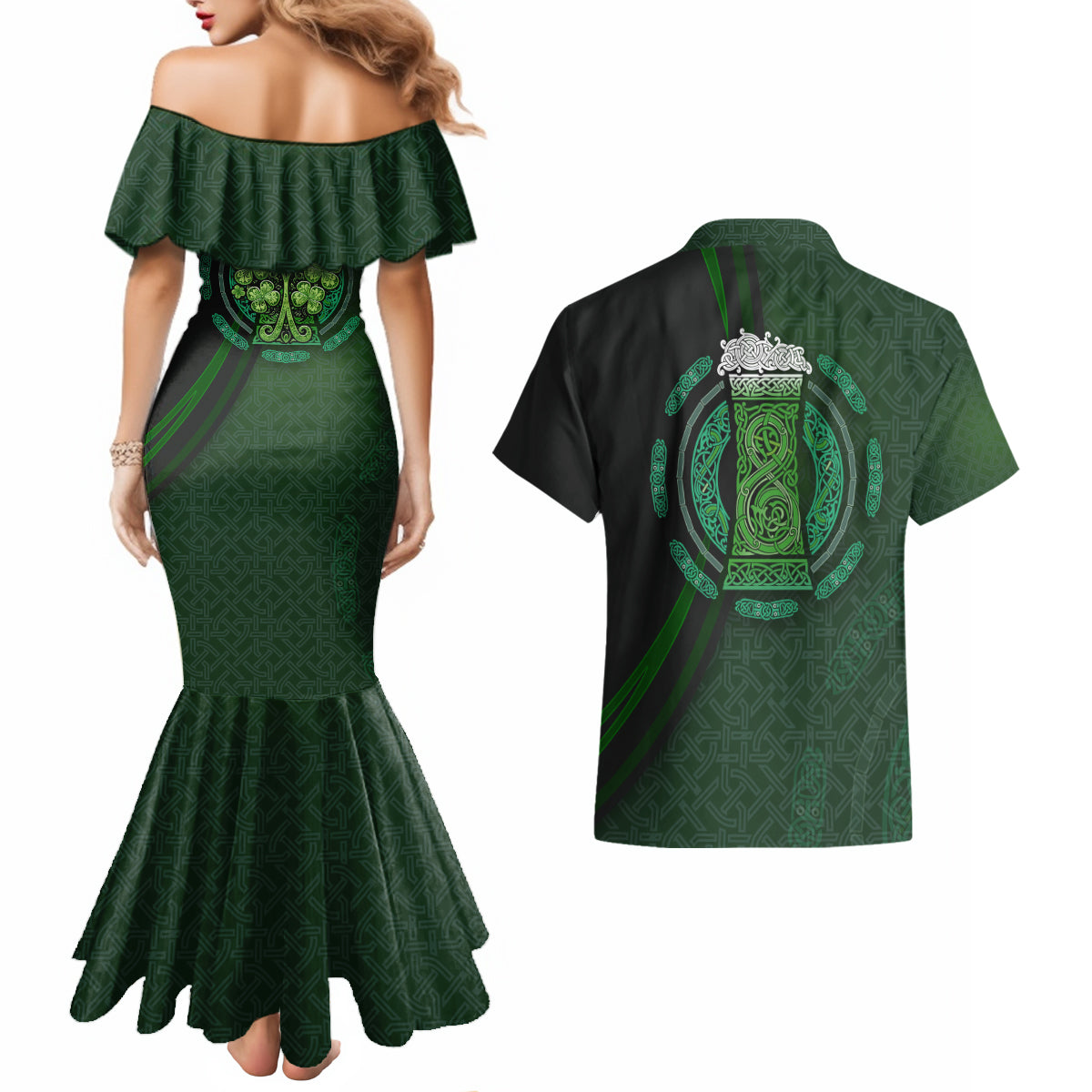 Beer Cup Pattern And Celtic Circle Green Couples Matching Mermaid Dress and Hawaiian Shirt - Wonder Print Shop
