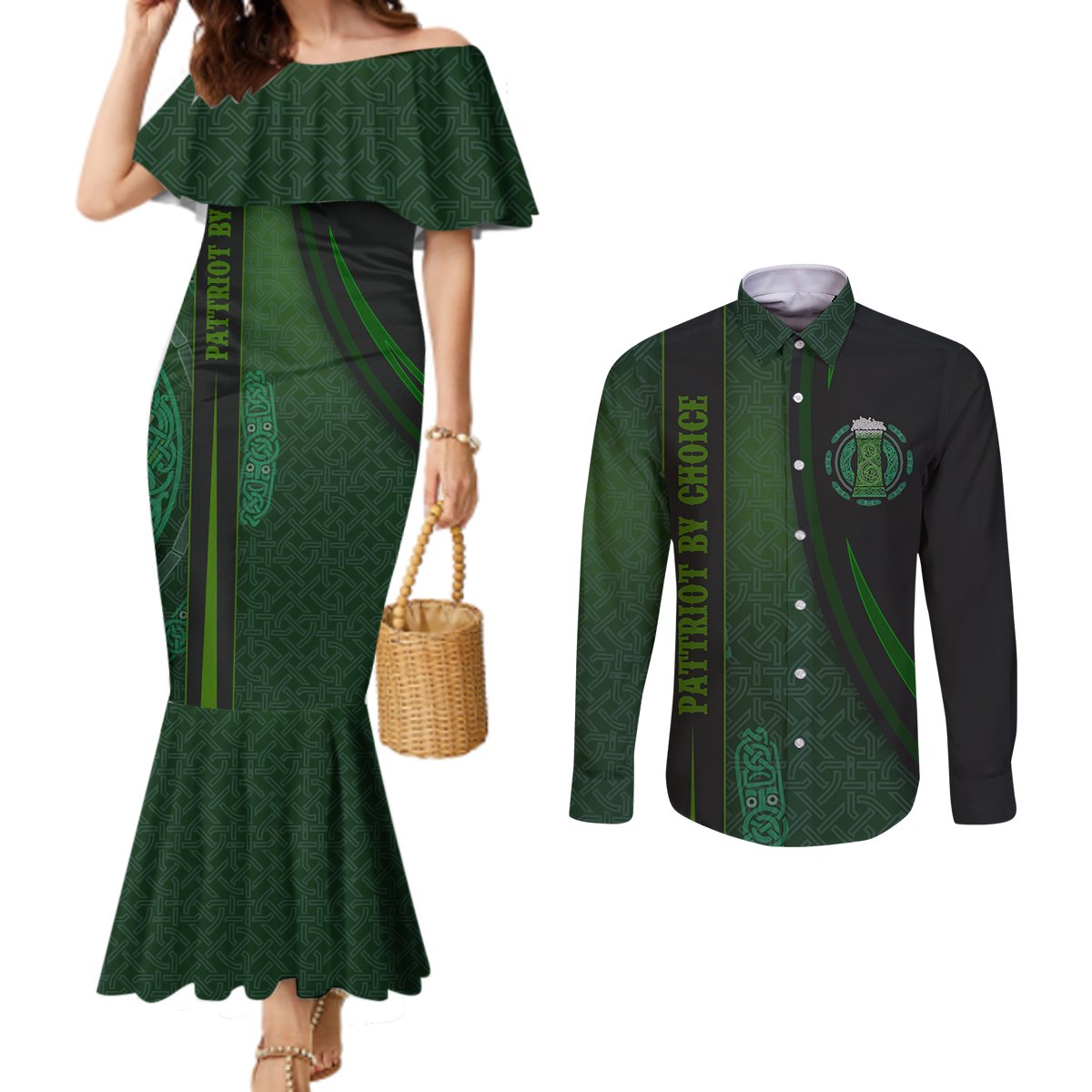 Beer Cup Pattern And Celtic Circle Green Couples Matching Mermaid Dress and Long Sleeve Button Shirt