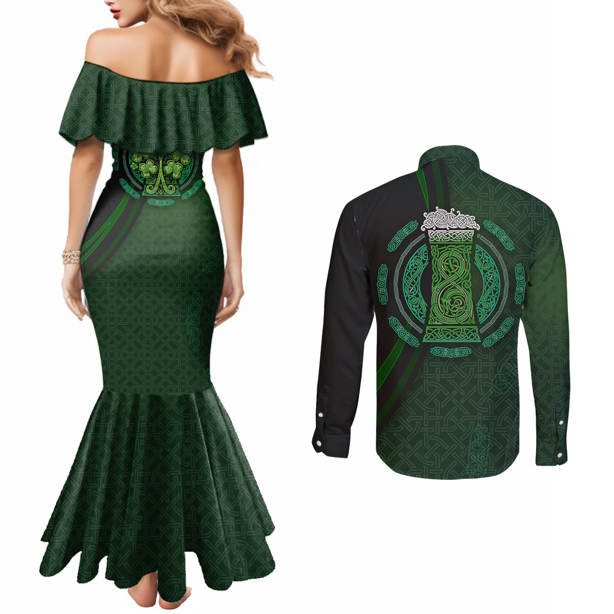Beer Cup Pattern And Celtic Circle Green Couples Matching Mermaid Dress and Long Sleeve Button Shirt
