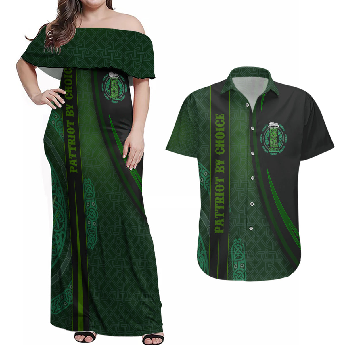 Beer Cup Pattern And Celtic Circle Green Couples Matching Off Shoulder Maxi Dress and Hawaiian Shirt - Wonder Print Shop