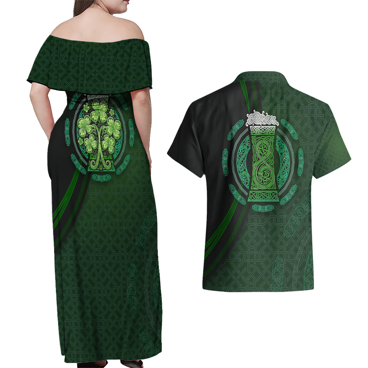 Beer Cup Pattern And Celtic Circle Green Couples Matching Off Shoulder Maxi Dress and Hawaiian Shirt - Wonder Print Shop