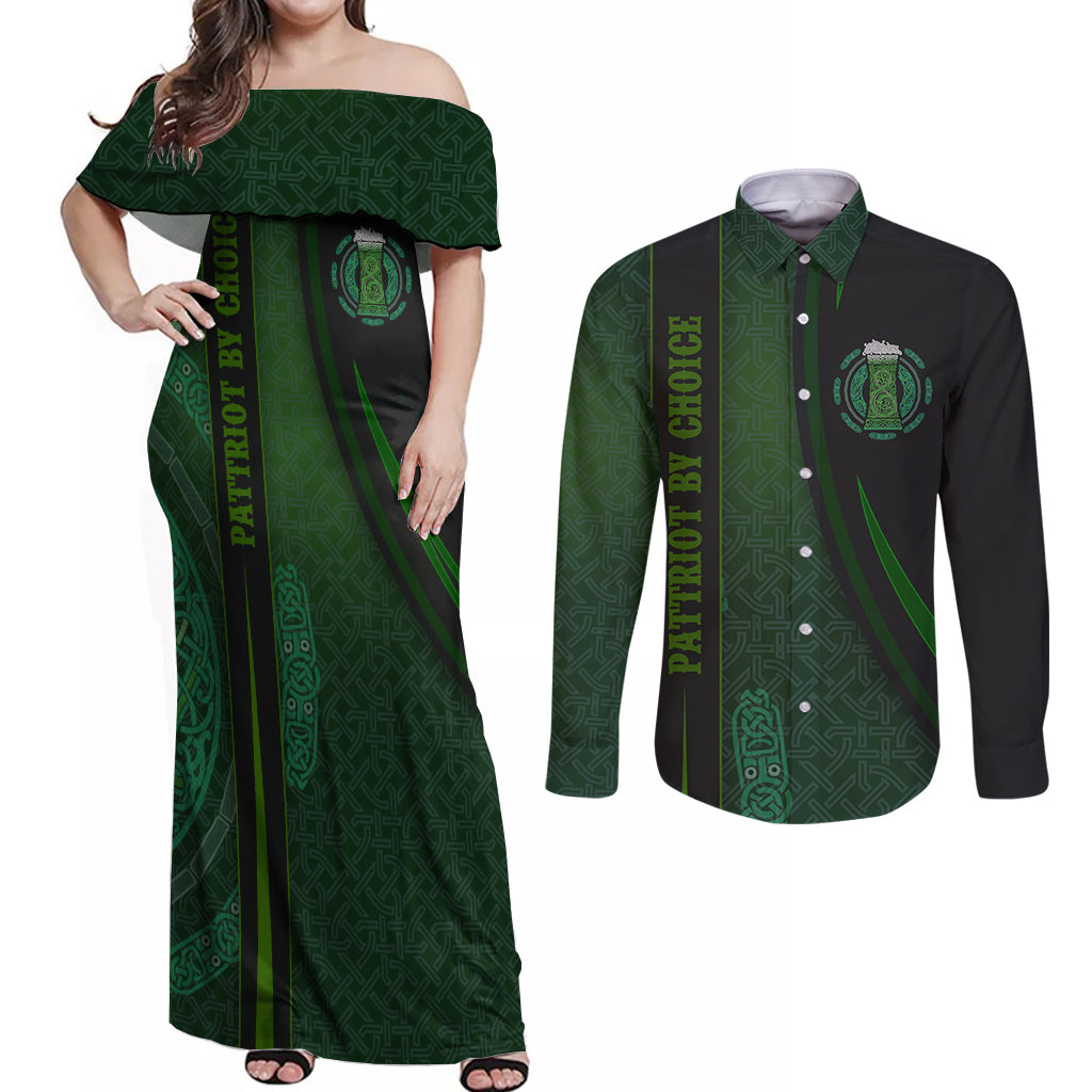 Beer Cup Pattern And Celtic Circle Green Couples Matching Off Shoulder Maxi Dress and Long Sleeve Button Shirt - Wonder Print Shop