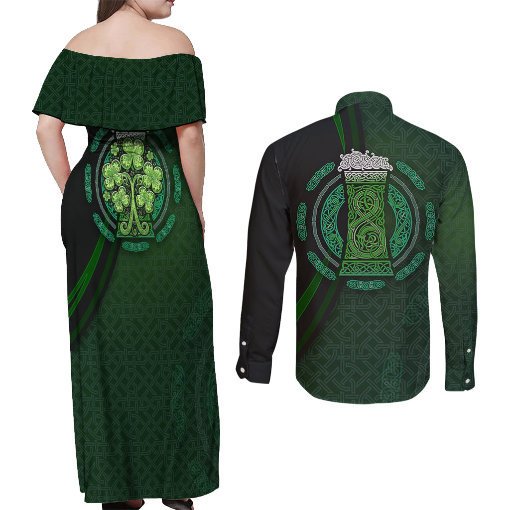 Beer Cup Pattern And Celtic Circle Green Couples Matching Off Shoulder Maxi Dress and Long Sleeve Button Shirt - Wonder Print Shop
