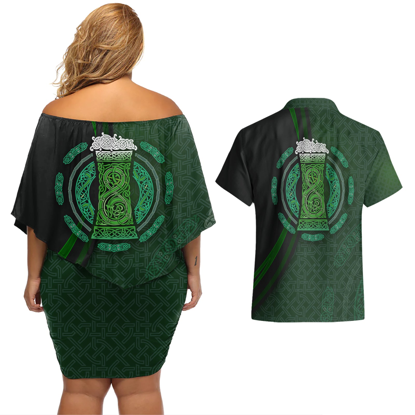 Beer Cup Pattern And Celtic Circle Green Couples Matching Off Shoulder Short Dress and Hawaiian Shirt - Wonder Print Shop