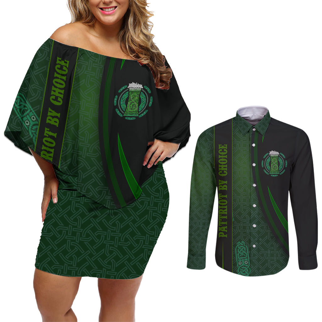 Beer Cup Pattern And Celtic Circle Green Couples Matching Off Shoulder Short Dress and Long Sleeve Button Shirt - Wonder Print Shop