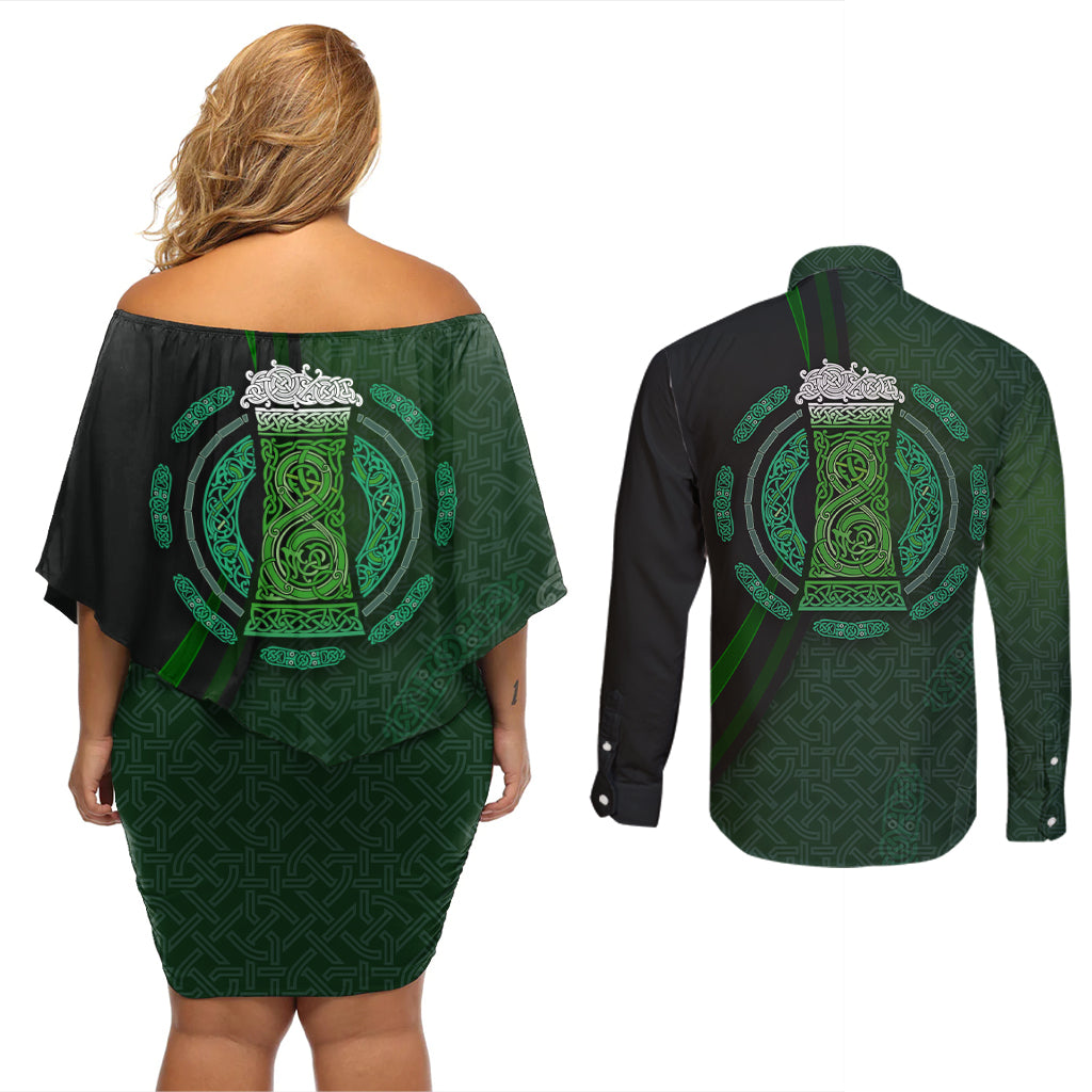 Beer Cup Pattern And Celtic Circle Green Couples Matching Off Shoulder Short Dress and Long Sleeve Button Shirt - Wonder Print Shop