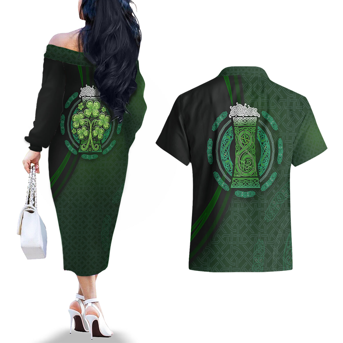 Beer Cup Pattern And Celtic Circle Green Couples Matching Off The Shoulder Long Sleeve Dress and Hawaiian Shirt - Wonder Print Shop