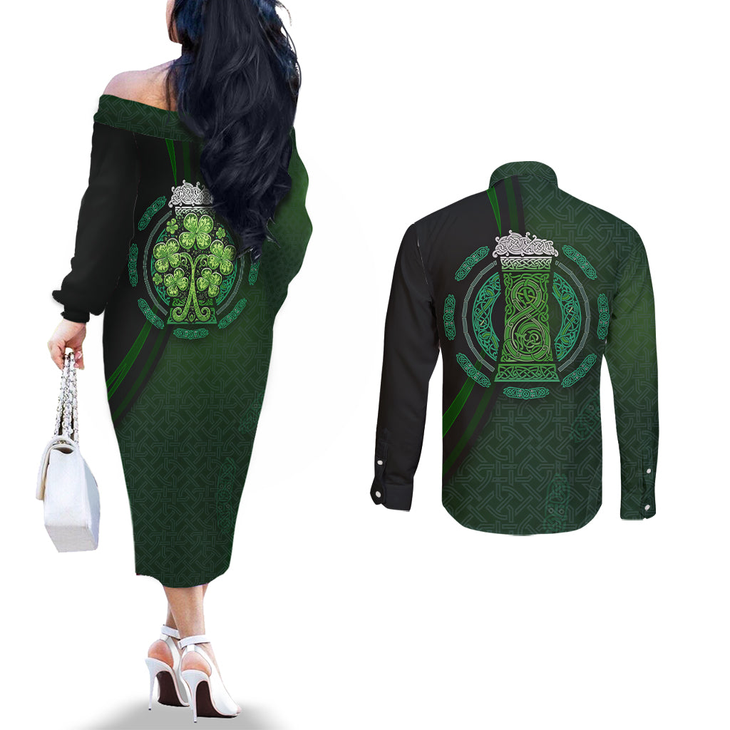 Beer Cup Pattern And Celtic Circle Green Couples Matching Off The Shoulder Long Sleeve Dress and Long Sleeve Button Shirt