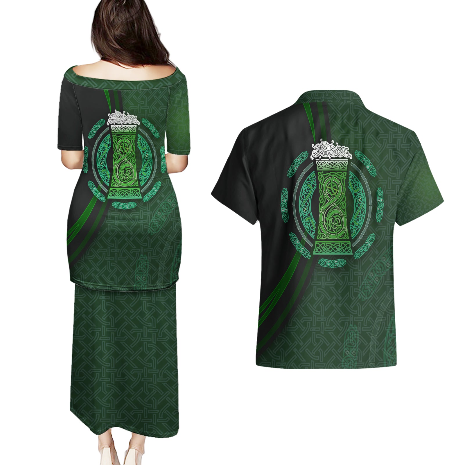 Beer Cup Pattern And Celtic Circle Green Couples Matching Puletasi and Hawaiian Shirt - Wonder Print Shop