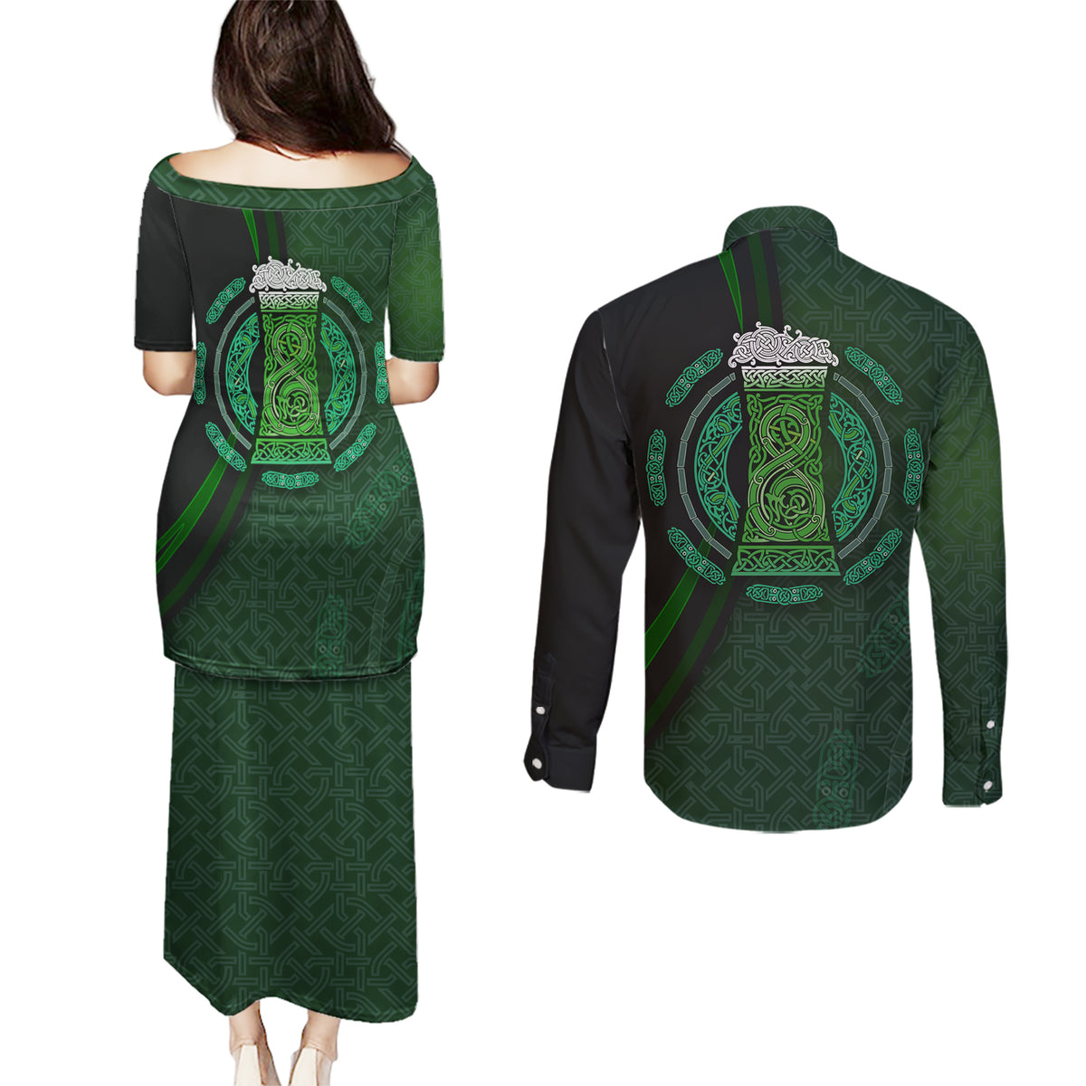 Beer Cup Pattern And Celtic Circle Green Couples Matching Puletasi and Long Sleeve Button Shirt - Wonder Print Shop