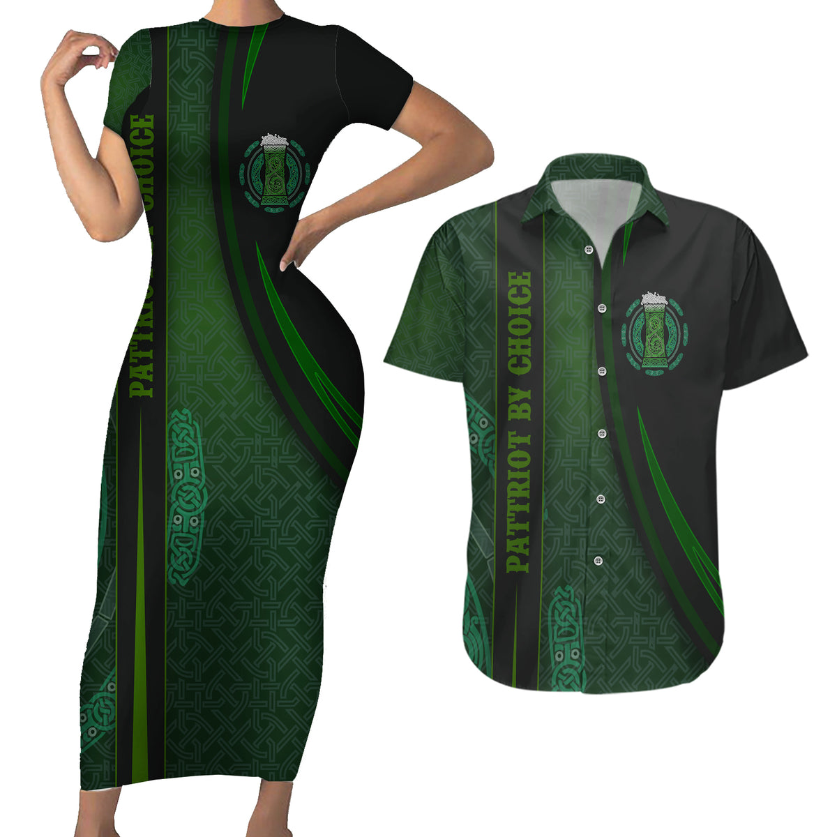 Beer Cup Pattern And Celtic Circle Green Couples Matching Short Sleeve Bodycon Dress and Hawaiian Shirt - Wonder Print Shop