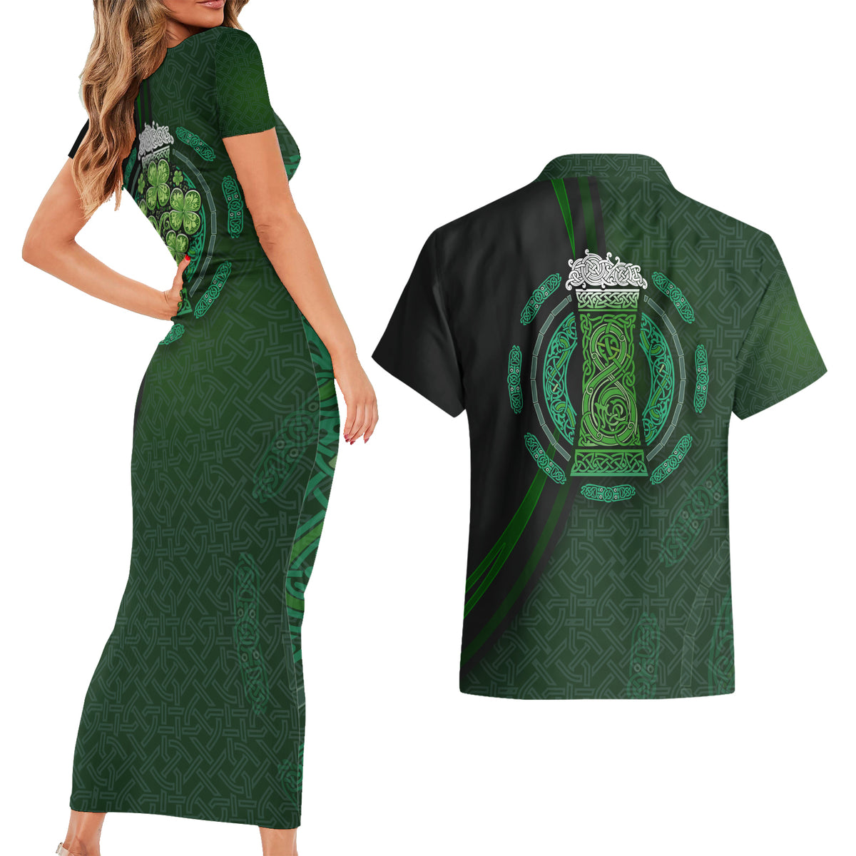 Beer Cup Pattern And Celtic Circle Green Couples Matching Short Sleeve Bodycon Dress and Hawaiian Shirt - Wonder Print Shop