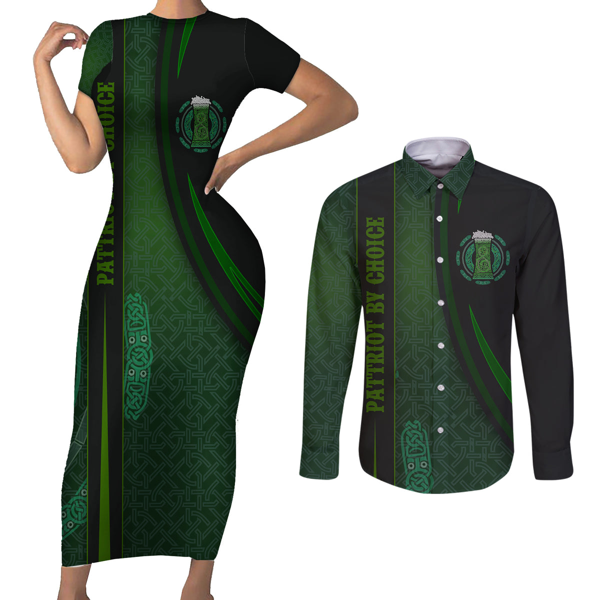 Beer Cup Pattern And Celtic Circle Green Couples Matching Short Sleeve Bodycon Dress and Long Sleeve Button Shirt - Wonder Print Shop