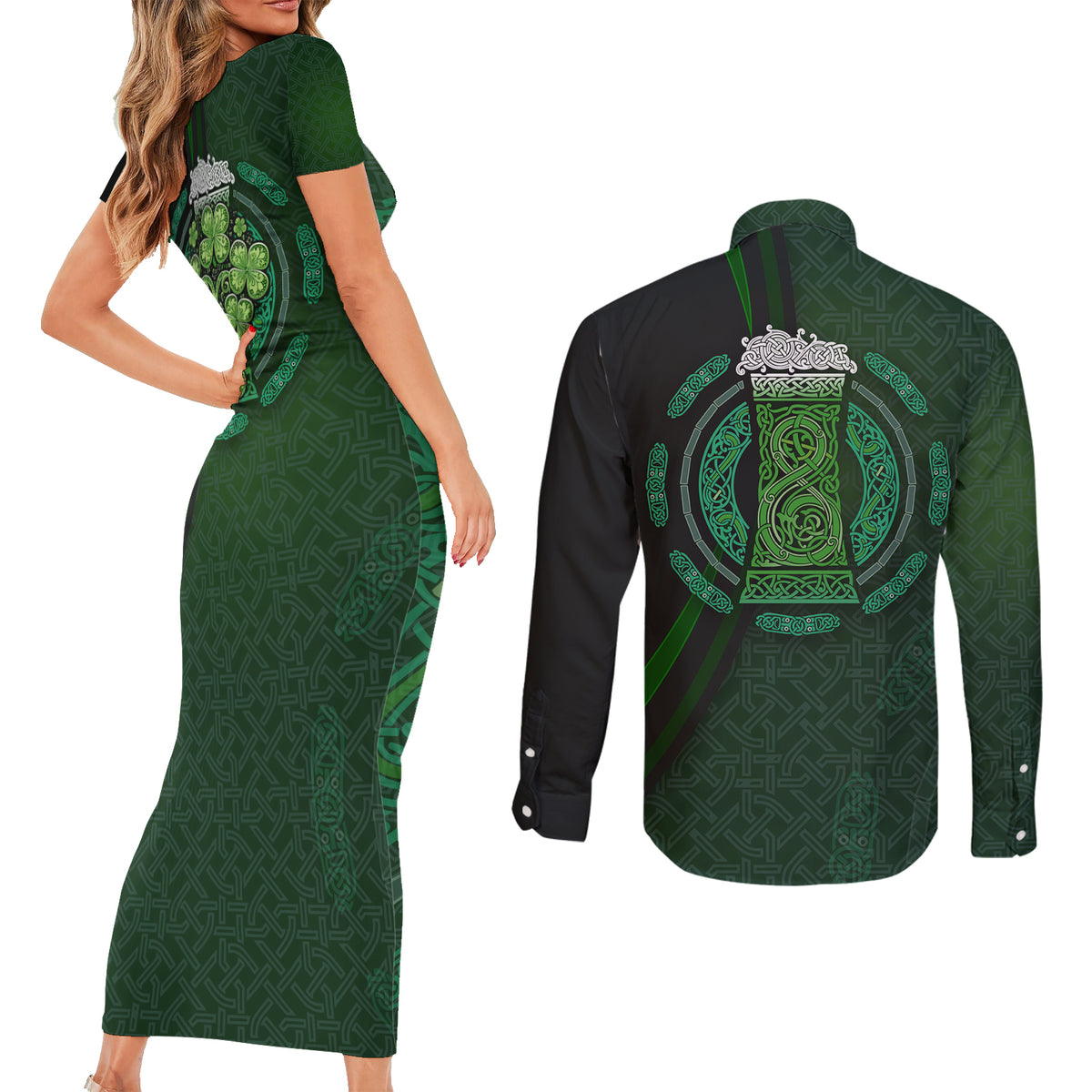 Beer Cup Pattern And Celtic Circle Green Couples Matching Short Sleeve Bodycon Dress and Long Sleeve Button Shirt - Wonder Print Shop