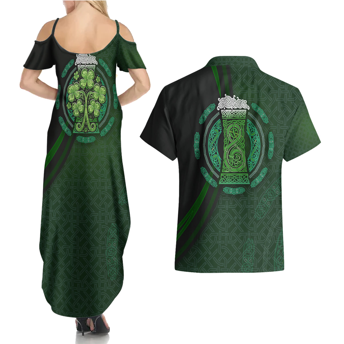 Beer Cup Pattern And Celtic Circle Green Couples Matching Summer Maxi Dress and Hawaiian Shirt - Wonder Print Shop