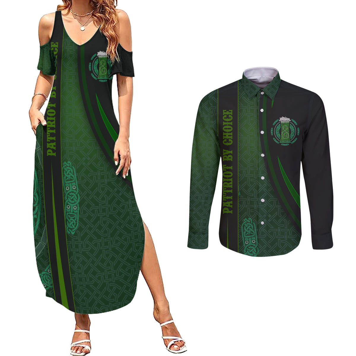 Beer Cup Pattern And Celtic Circle Green Couples Matching Summer Maxi Dress and Long Sleeve Button Shirt - Wonder Print Shop